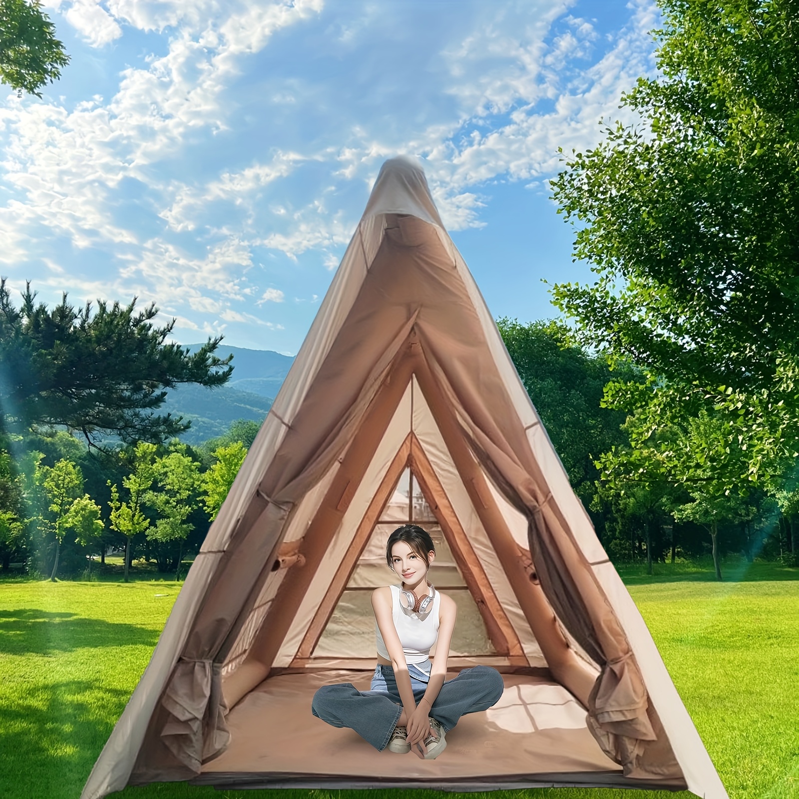 PAKICETUS 6-Person Inflatable Family Camping Tent with Wind-Resistant Triangular Structure & All-Weather Stability - Easy Setup, Spacious Floor Area, Clear Window Panels & Ventilation System, Portable Storage Bag Included, Durable & Sturdy Frame for Year-Round Use, Ideal for Family Camping, Hiking, Backpacking - Beige/Gray Color Options Available (Ideal for 6-Person Groups)