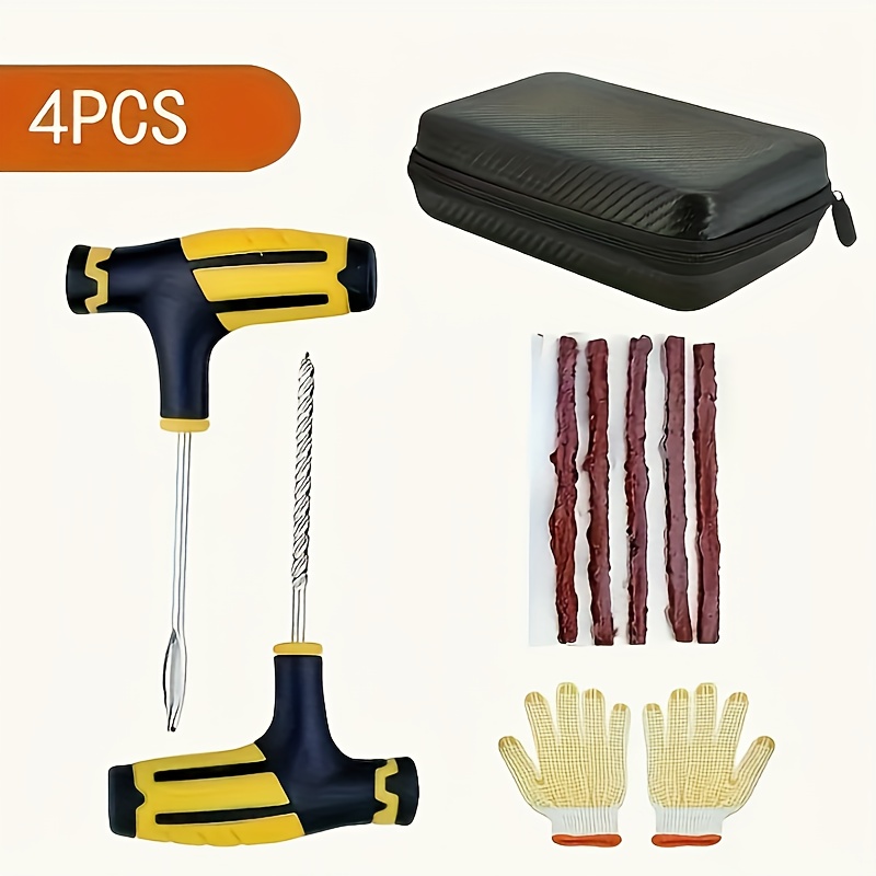 TEMU 4pcs Complete Tire Repair Kit - Universal Tool Set With Durable Case, Vacuum Membrane Rubber Dots, T-handle Plug, Spiral Probe Tool For Cars, Trucks, Rvs - , Space-saving, And Portable