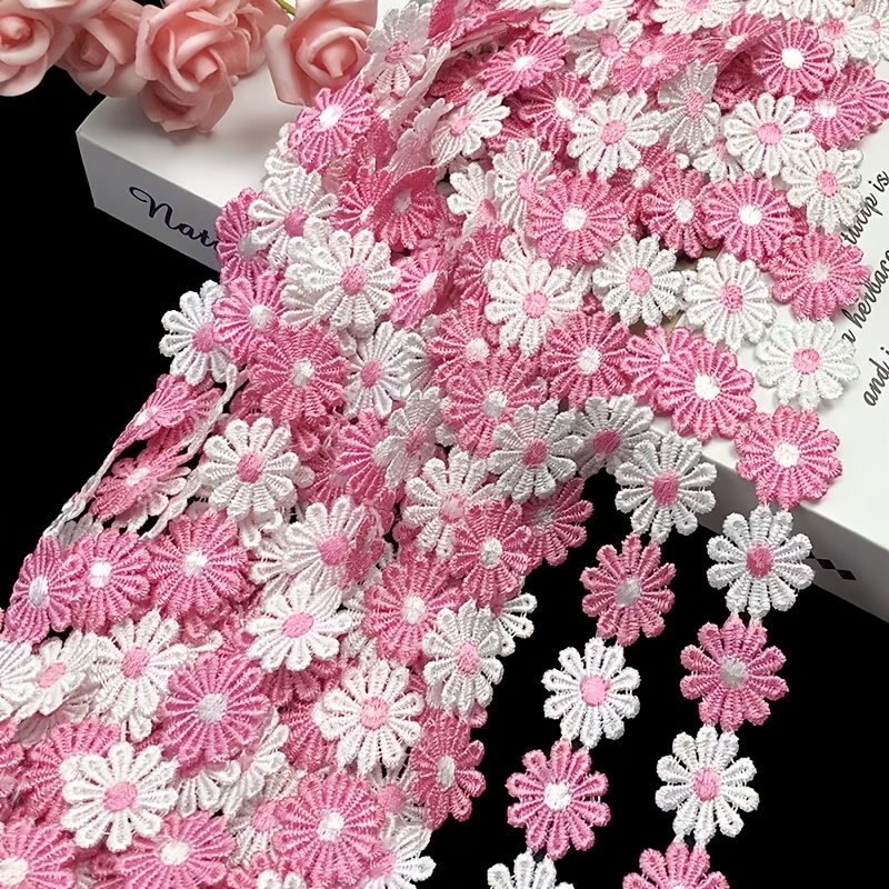 E-shop 2-yard Dekospitze mit Stickerei | Geeignet für Näh- oder Bastelprojekte, mit rosa-weißen Sonnenblumenmustern