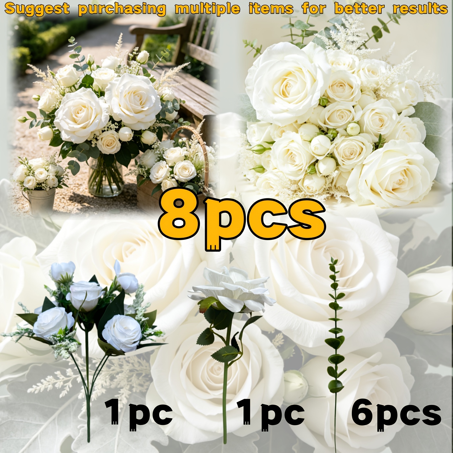 TEMU Forest- Paris Bouquet: 8pcs Arrangement Featuring 6 White Roses, 1 Large White Rose, Eucalyptus Buds, -like Small Flowers, And Dark Green Oval