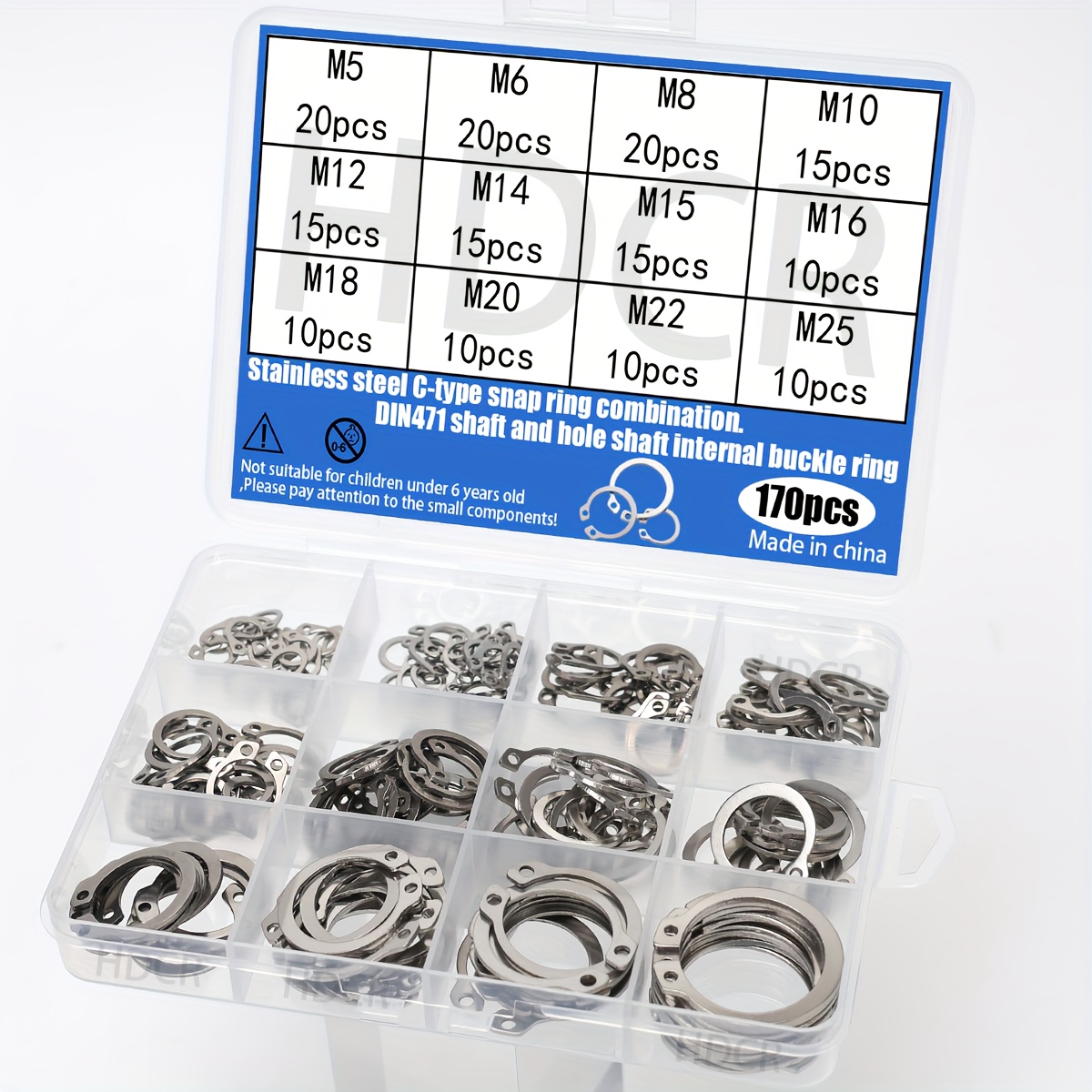 TEMU 170pcs Retaining Ring Assortment Kit - Din471 Shaft Hole Retaining Rings, M5 - M25 Sizes, For Automotive/industrial Applications Internal And