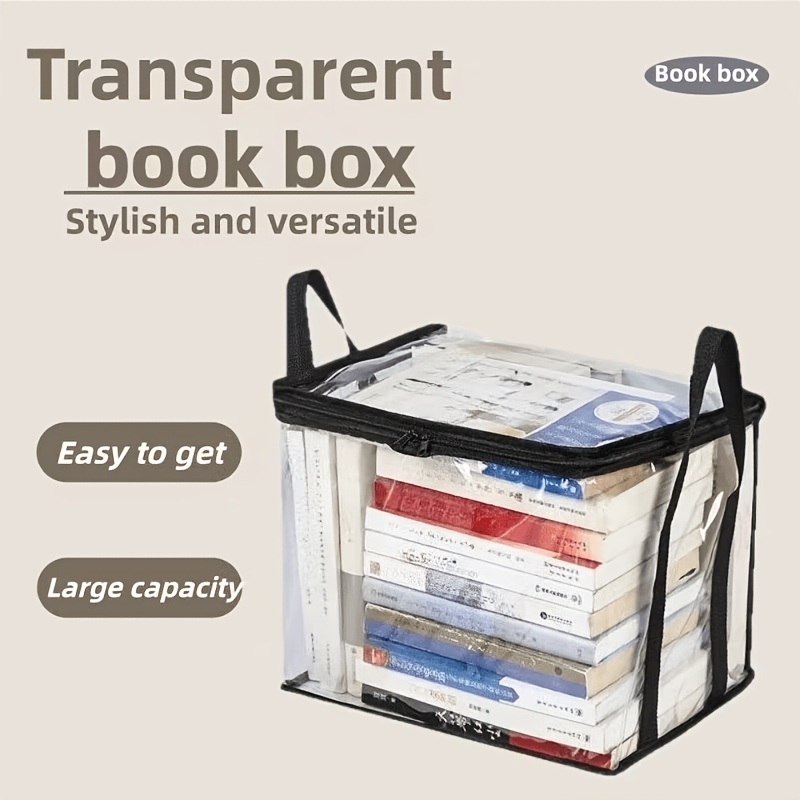 TEMU Large Clear Book Storage Bag With Flap And Handle, Thickened Clear Plastic Storage Box, Durable Plastic Material, Foldable, With Zipper Closure.