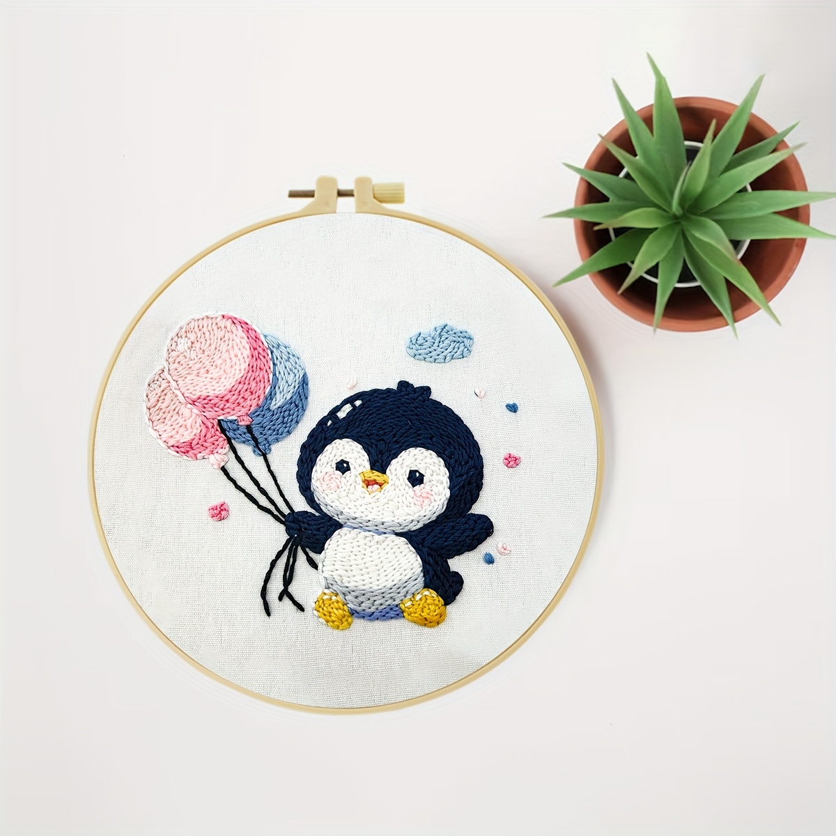 Cute Penguin 7.9x7.9" Punch Needle Starter Kit - Relaxing Diy Craft Set With Tools, Threads, Hoop & Instructions - Perfect Beginner Gift For Decor