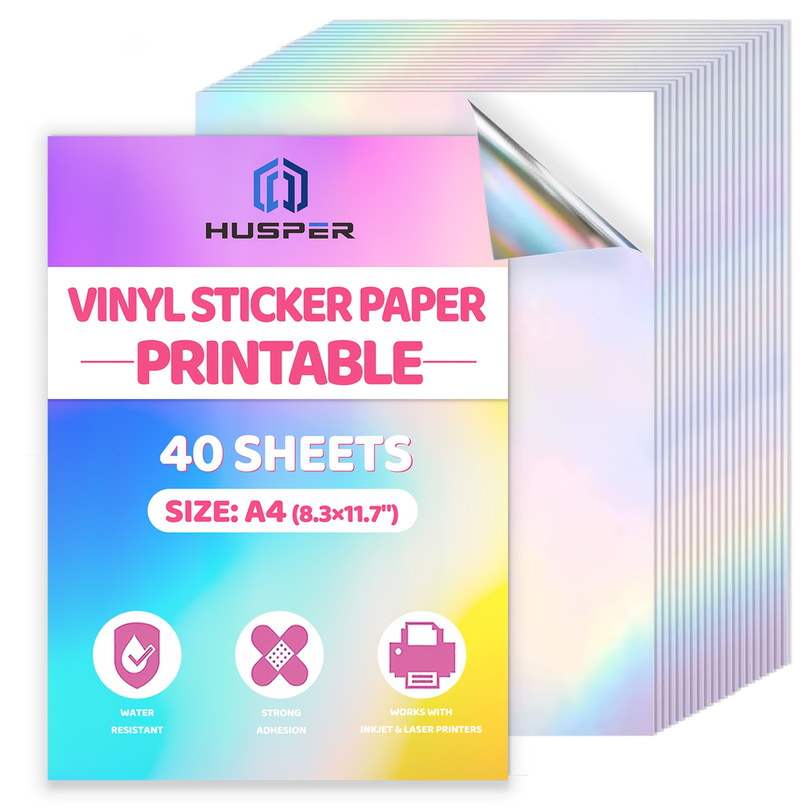 Image of 40pcs Pack Self-adhesive Holographic Vinyl Sticker Paper - Glossy Hologram Labels Suitable For Inkjet/laser Printers, A4 Size (40 Sheets)