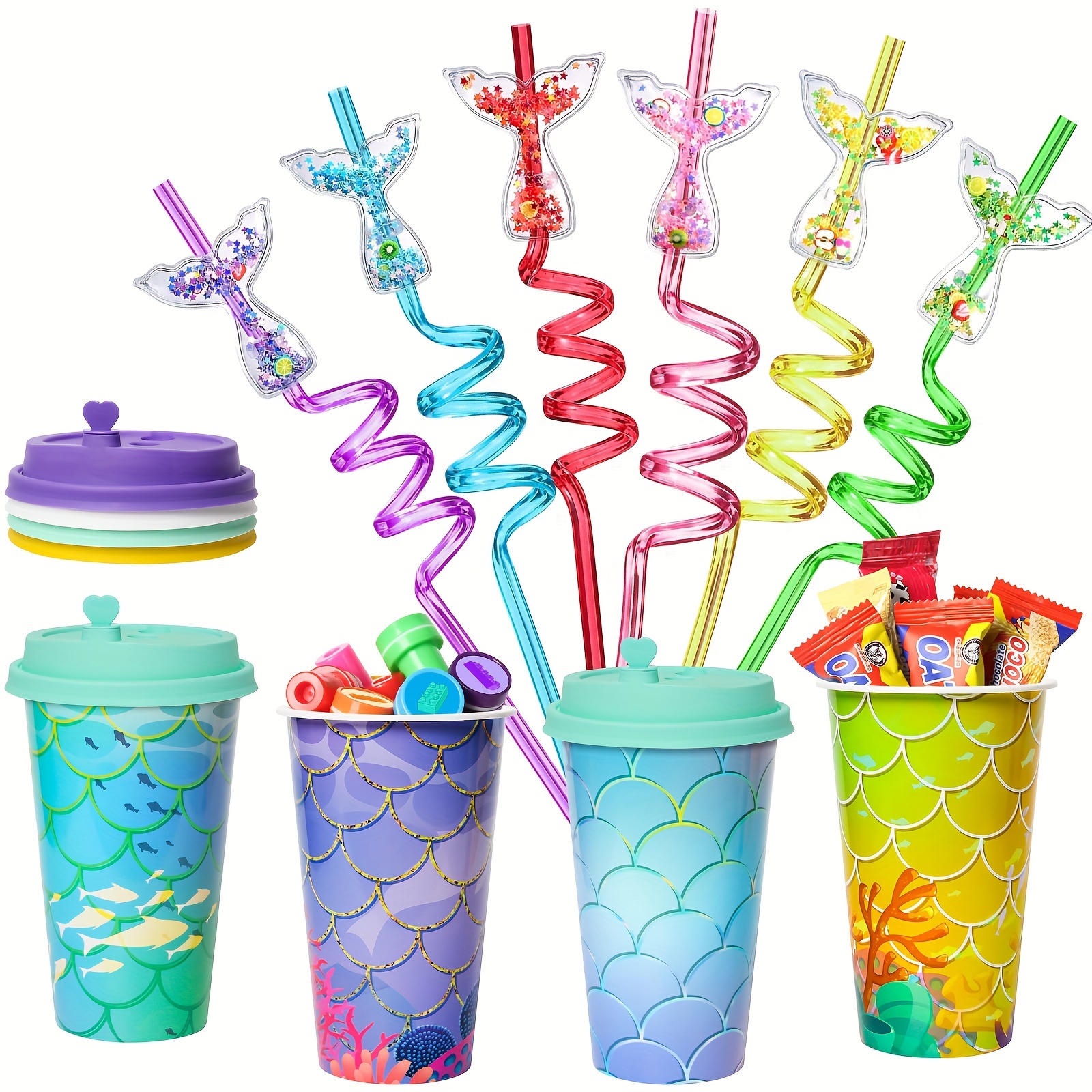 

6 Pack Of Mermaid Tail Straws With Cups - Mermaid Themed Birthday Parties