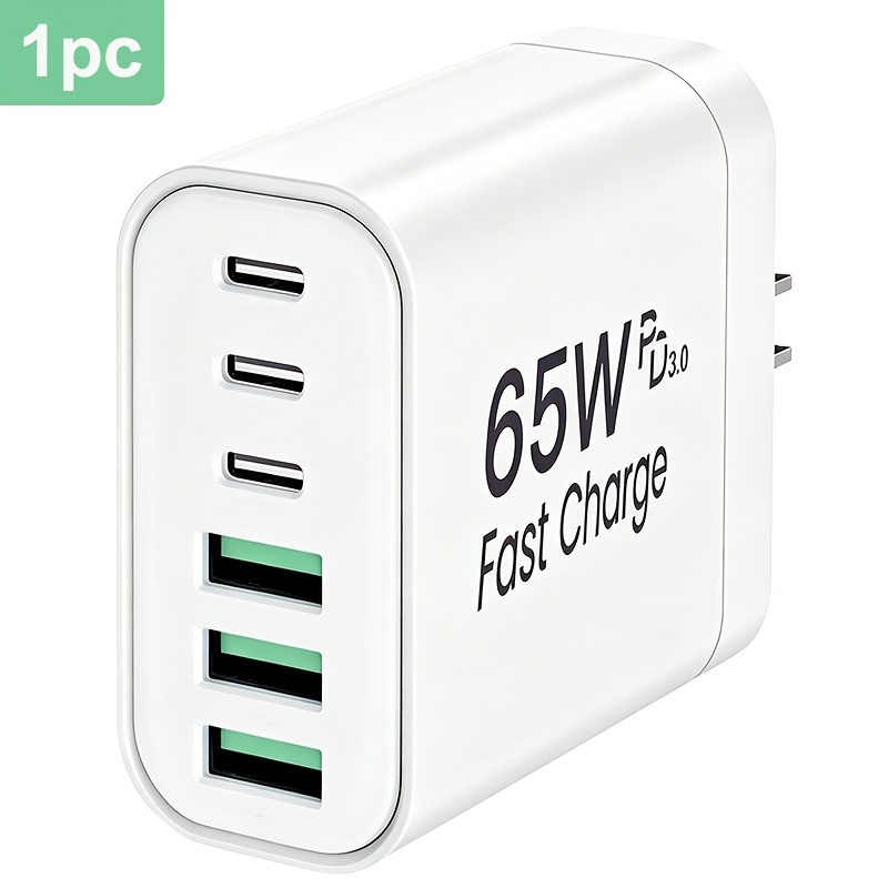 TEMU 65w Pd 3.0 Portable Charging Plug, Usb C+a 6 Interface Wall Charger, Wall Charger With Us Plug, Compatible With Iphone, Huawei, Galaxy, Xiaomi,