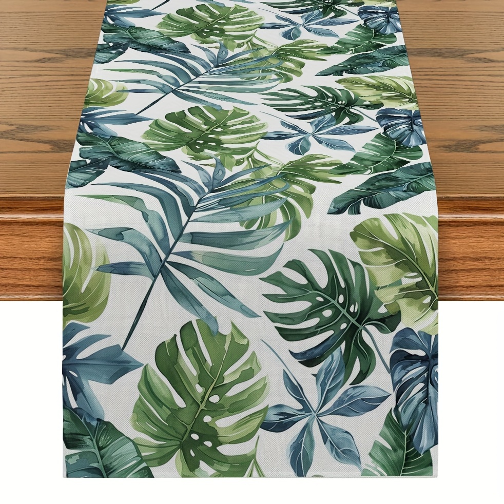 TEMU 1pc, Table Runner, Tropical Plants & Monstera Watercolor Printed Table Runner, Polyester Summer Theme Table Runner, Dining Table Decor