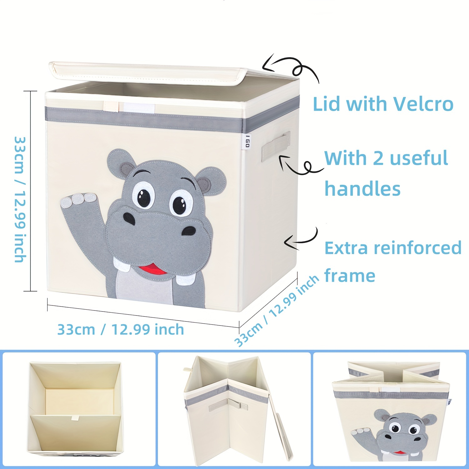Foldable Cartoon Animal Storage Box with Lid and Handles, Large Capacity
