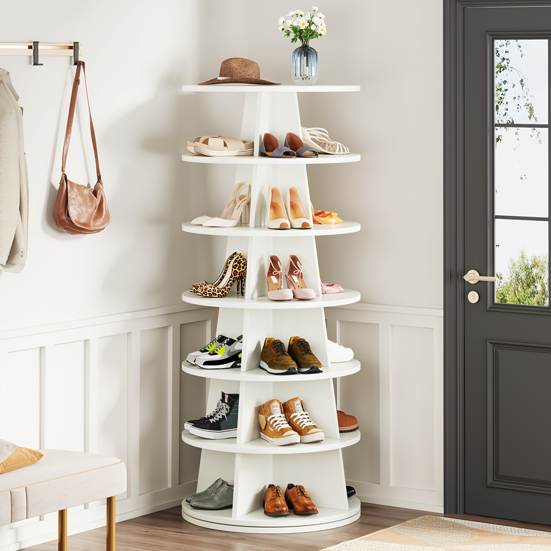 

Modern 7-tier Rotating Shoe Rack, Revolving 24 Pairs Shoe Storage Shelf Tower, Freestanding Wood Space-saving 360° Spinning Shoe Organizer For Entryway