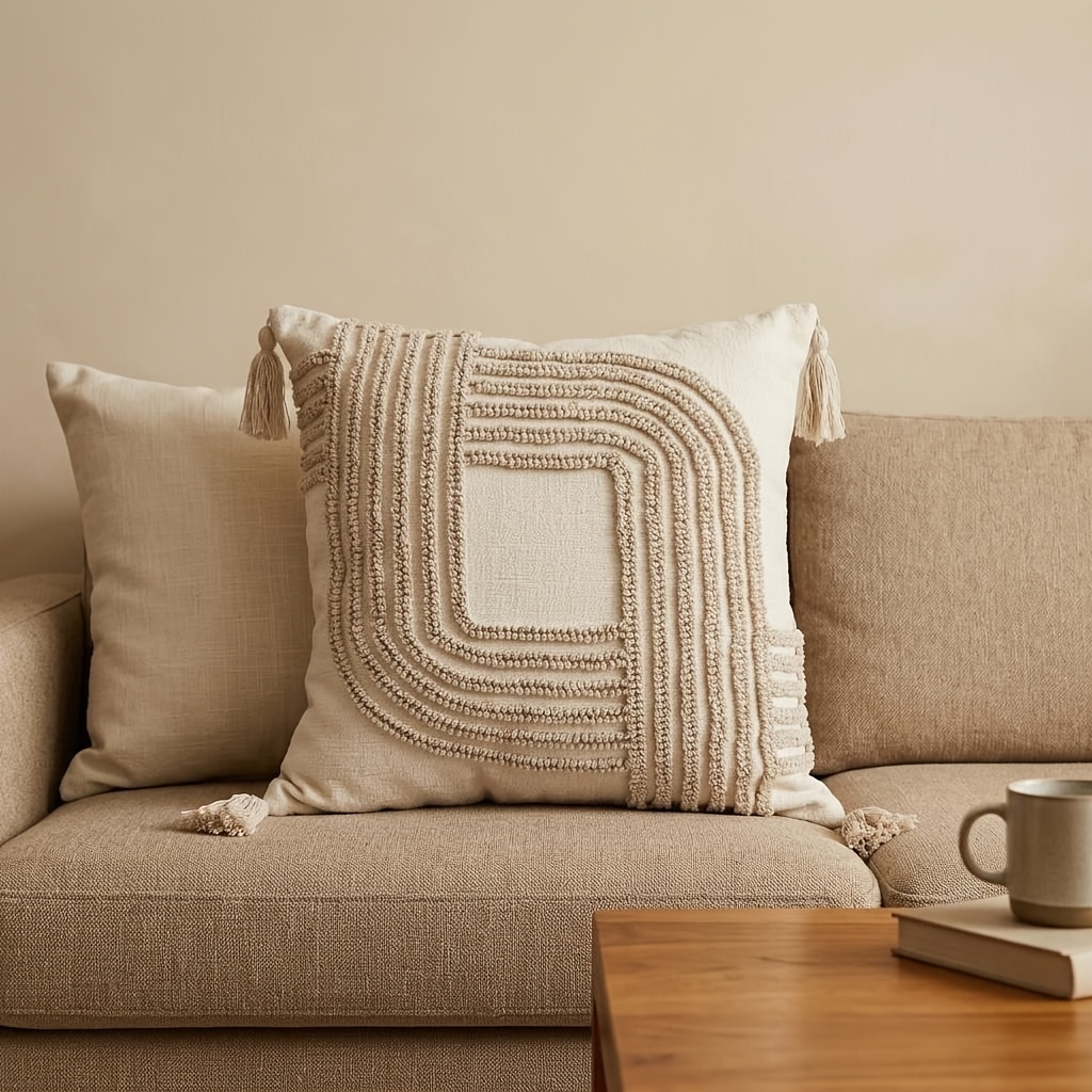 Light Luxury Minimalist Wabi-Sabi Style Living Room Sofa Throw Pillow Pillowcase, Geometric Loop Pile Back Cushion, Bedside Bolster with Insert