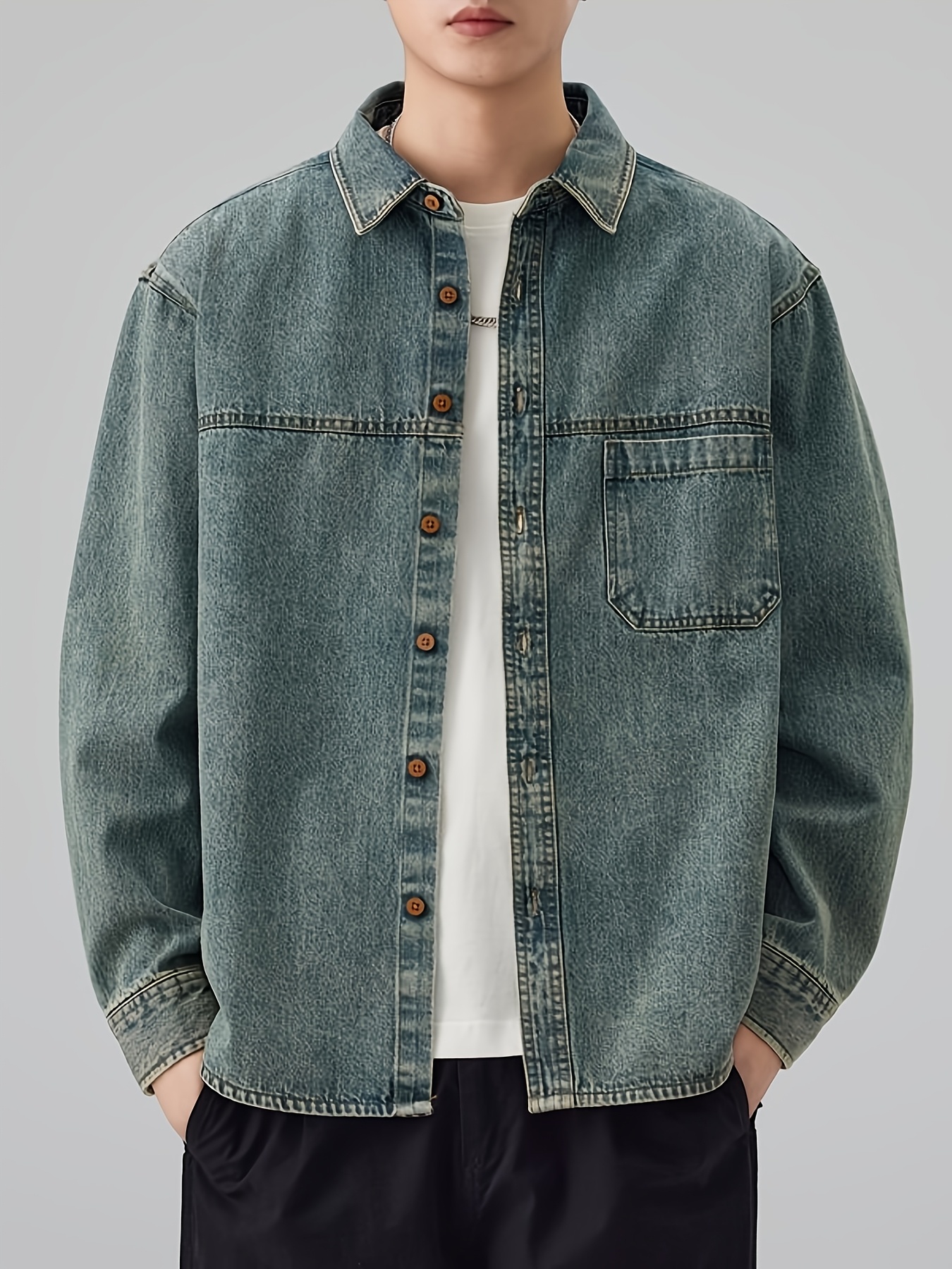 New Long-Sleeve Denim Jacket for Men in Autumn And Winter, Casual Thickened Retro Shirt Japanese Style