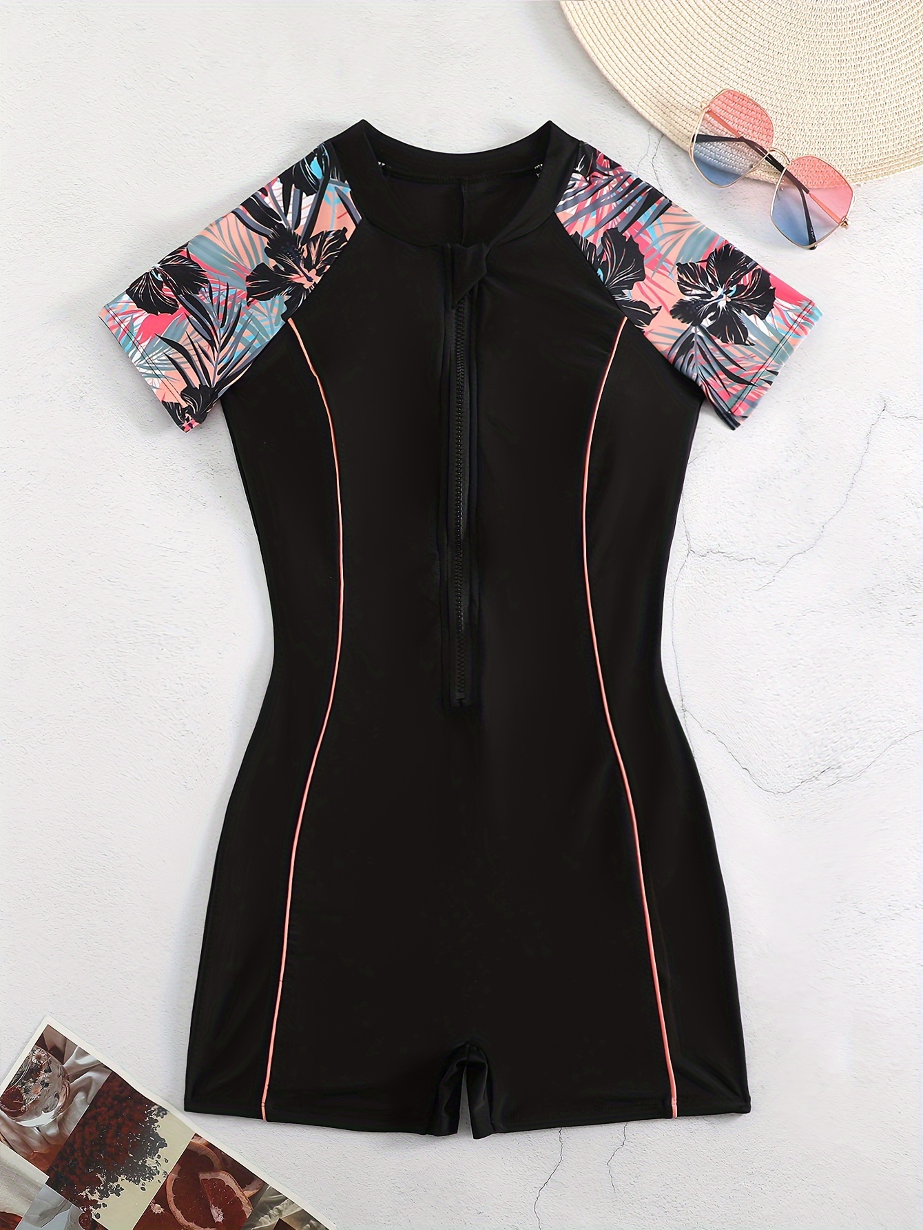 Tropical Print Swimsuit Sleeveless Half Zipper - Temu