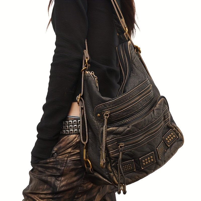 Image of Washed Pu Convertible Tote Bag, Women's Multi-zipper Crossbody Backpack Purse, Soft Faux Leather Hobo Bag With Rivet Accents And Adjustable Strap For Daily Use