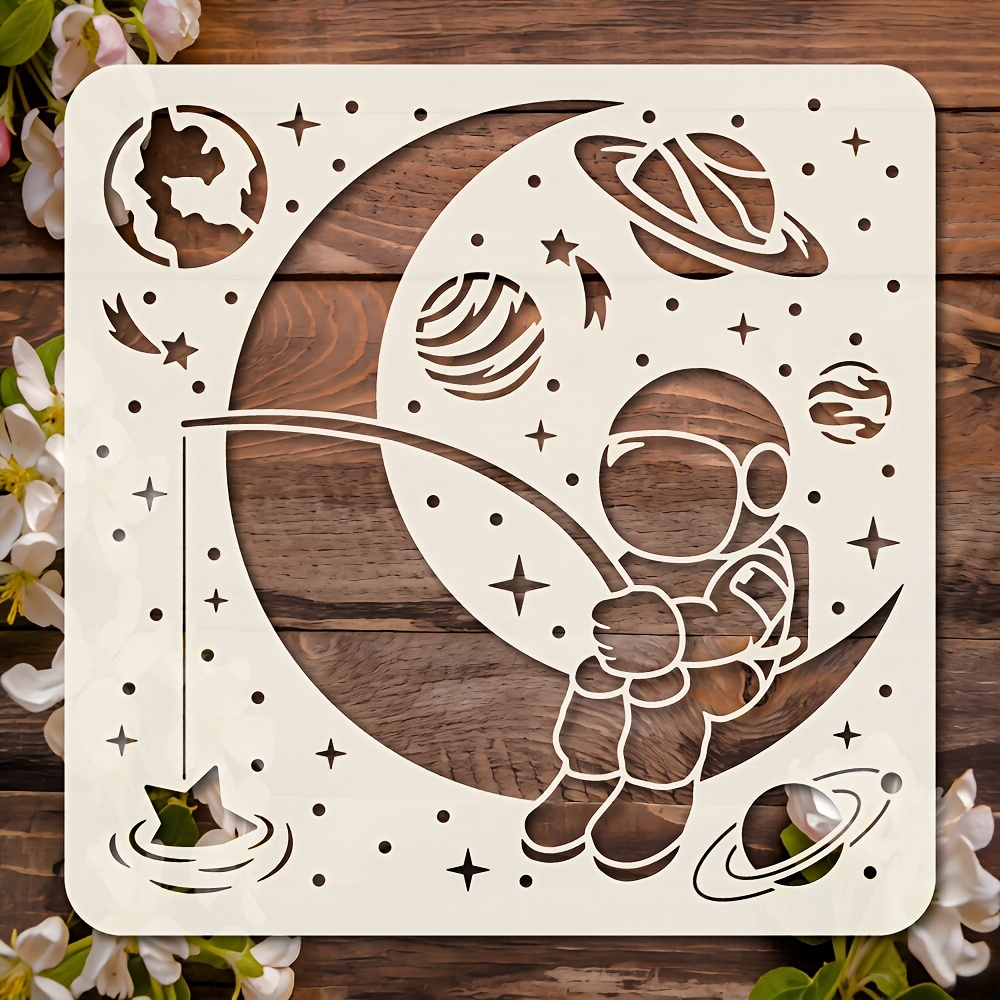TEMU 1pc Astronaut Fishing On Moon Painting Stencil, 5.9*5.9 Inch Reusable Craft Stencil With Space Elements (moon, Planets, Stars, Earth, , Water
