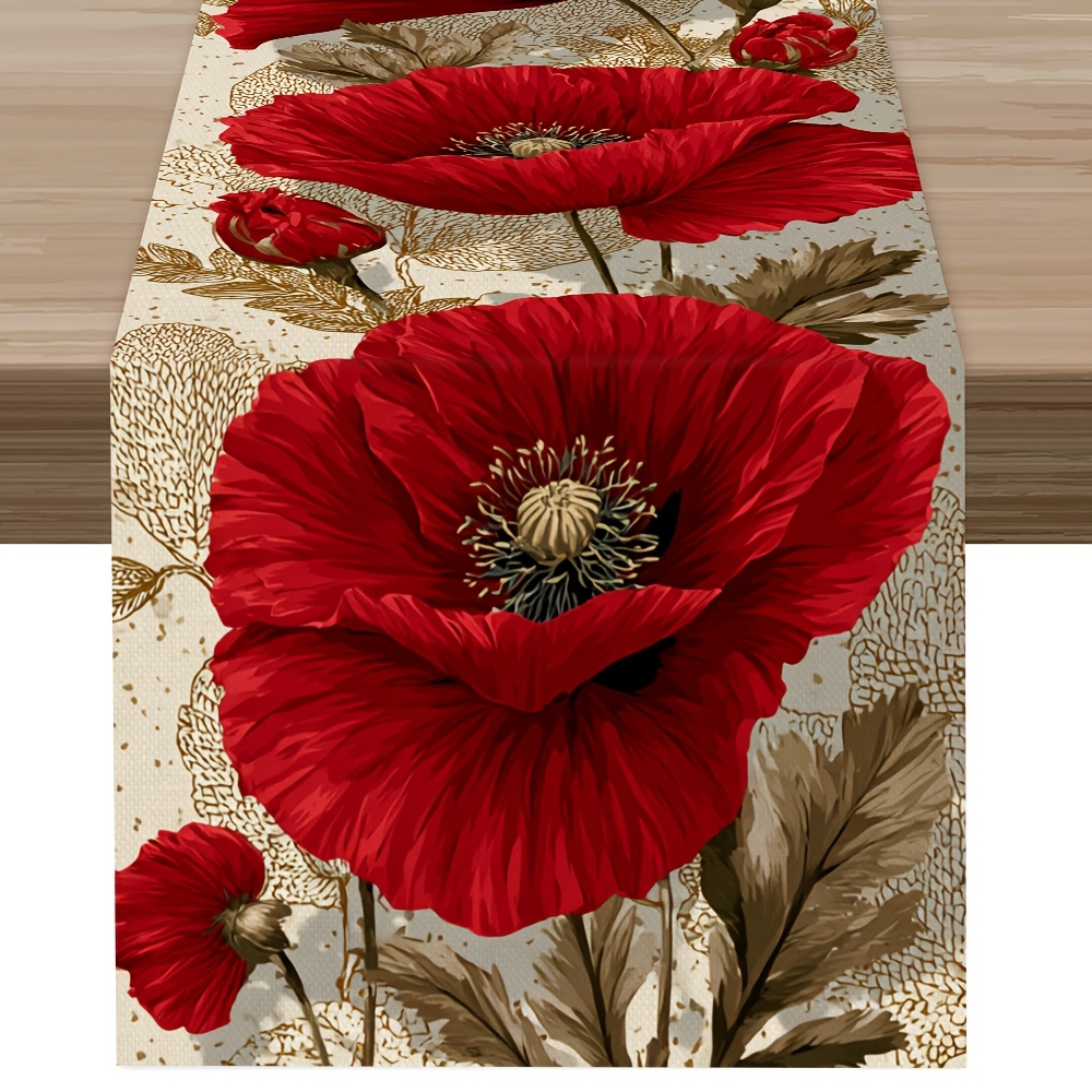 TEMU 1pc, Rich Red Poppy Oil Painting Style Printed Table Runner, Spring And Summer Table Runner, , Printed Polyester Tablecloth, With Exquisite And