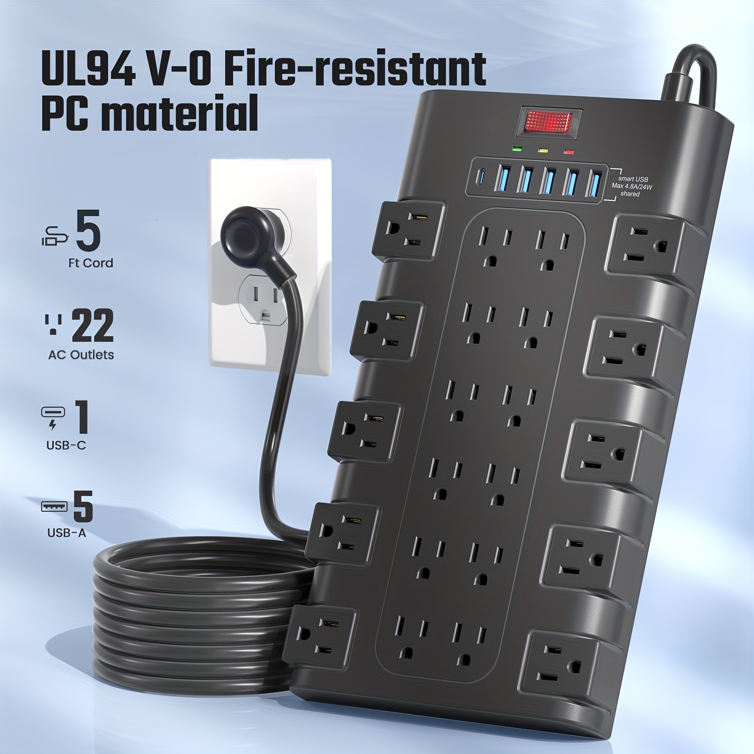 TEMU Extension Cord 5/6/7/9/14ft, Protector Power Strip With 6 Usb Charging Ports(24w/4.8a) And 22 Ac Outlets(1875w/15a), 2100 , Flat Plug Power