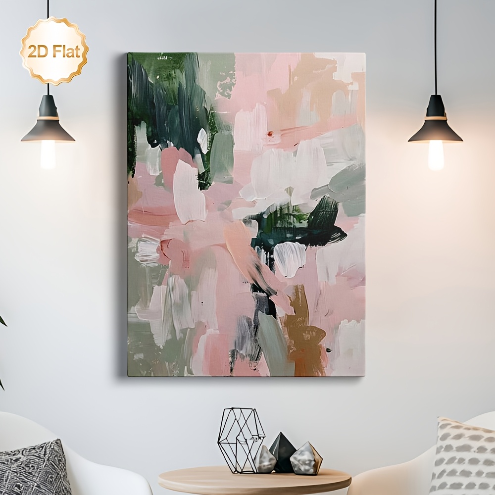 TEMU 2d Flat, 1pc, Framed 2d Canvas Painting, Abstract Art With Pink, Green, Beige, White, Gray, Suitable For Living Room, Bedroom, Office, Dining