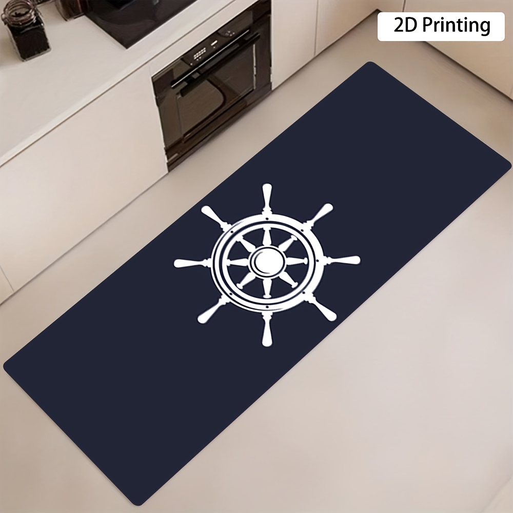 TEMU 1pc, Long Rug With 2d Printed Design, Thickened Ultra Soft And Comfortable White Nautical Ship Wheel Design On Background, Non-slip And Durable,