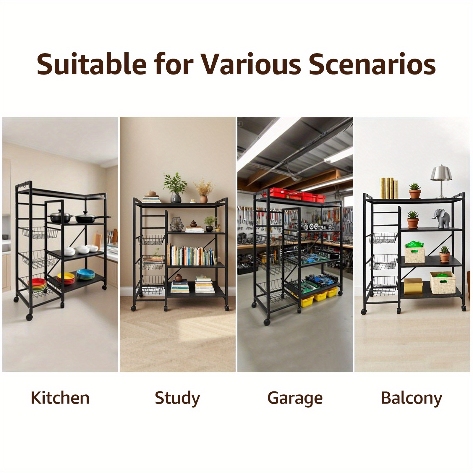 Multi-Purpose Rolling Kitchen Cart with 3-Tier Storage Baskets