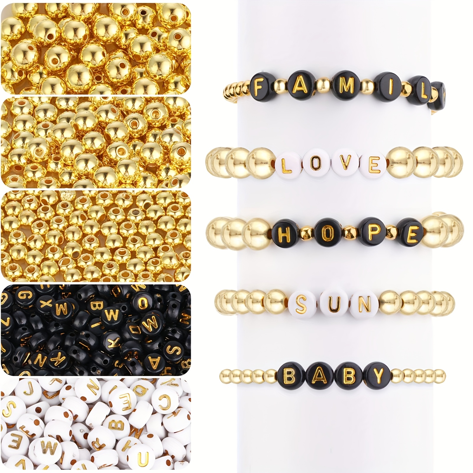 

A Set Of 1100 , Including 700 Golden Spacer Beads In Sizes, 400 Letter Beads In A-z Golden Bracelet Beads, Suitable For Diy Handmade Jewelry Bracelet Making