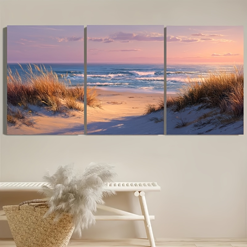 item picture 2D Flat, 2D Flat, 2D Flat Set of 3 Wooden-Framed Canvas Posters Featuring a   Coastal Landscape with an  , Beach  ,  , Grass, Waves, Sand, And    , 2D Flat