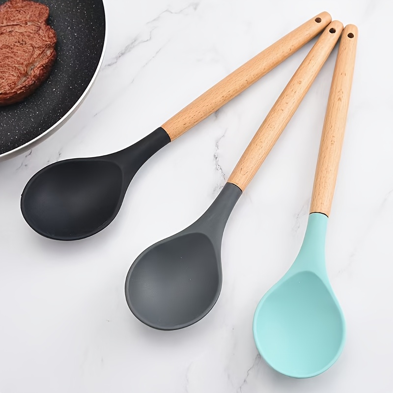 

Silicone Spoon With Wooden Handle - Kitchen Utensil For Soup, Salad & Stirring - & Easy To Clean