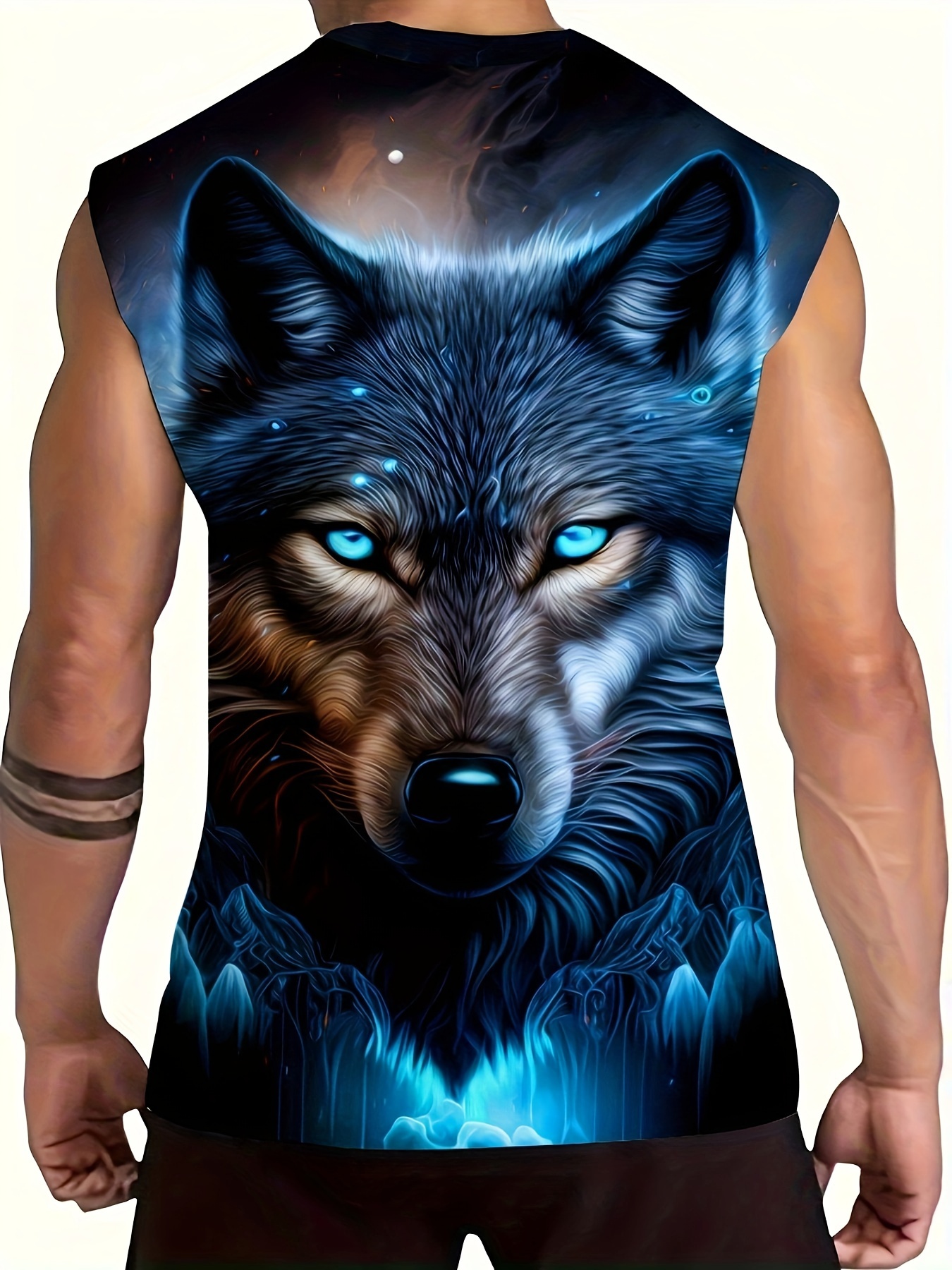 Men's Oversized Wolf Print Sleeveless T-Shirt - Neon Blue & Black Wolf Howling at Camera Design, Breathable Sleeveless Gym Shirt for Summer Fitness, Basketball Training, Casual & Night Out - Comfortable Round Neck Muscle Shirt for Men with Wolf Graphic, Machine Washable, Relaxed Fit, Stylish & Functional for Warm Weather, Ideal for Workouts and Casual Wear, PLUS SIZE