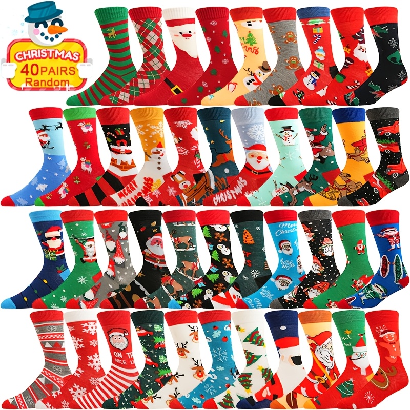 Image of Random 40 Pairs Men Women Autumn Winter Christmas Santa Claus, Snowflake, Snowman, Reindeer, Gingerbread Man, Christmas Tree, Comfortable Mid-calf Socks, Best Gift For On Christmas