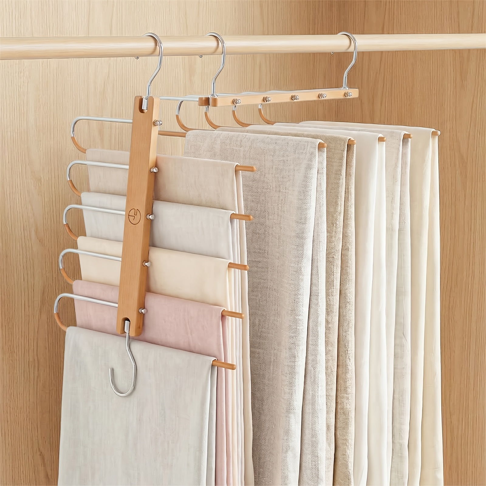 TEMU 1pc Nature & Retro Wooden 5-layer Tight Pants Hanger With Anti Slip Rod, Space Saving Clothes Hangers, Non-slip Wood Hanger For Pants, Scarves,