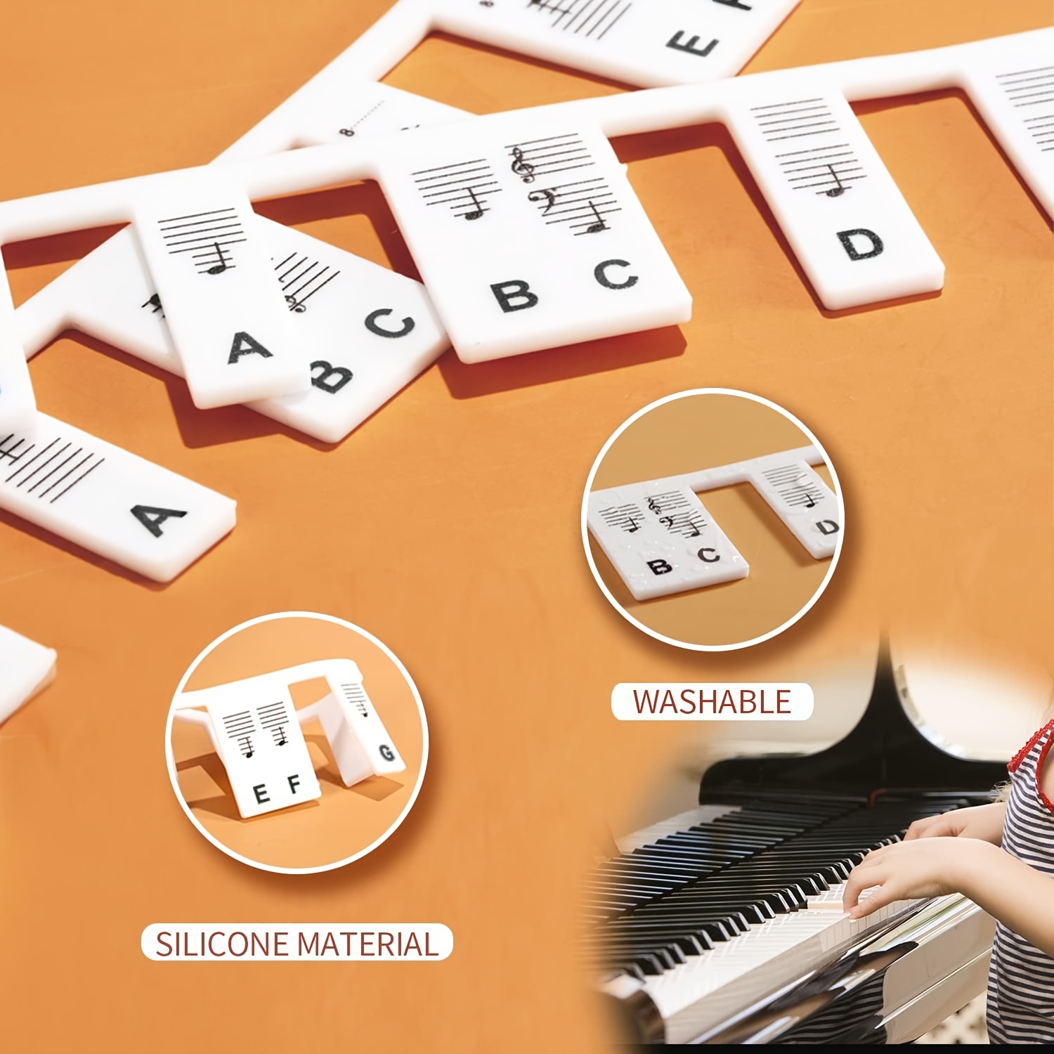 Etiquetas de notas para teclado de piano de silicona, 88/61 teclas, guía reutilizable para principiantes, tamaño completo, blanco y negro, sin calcomanías, duraderas, regalo ideal para las fiestas.