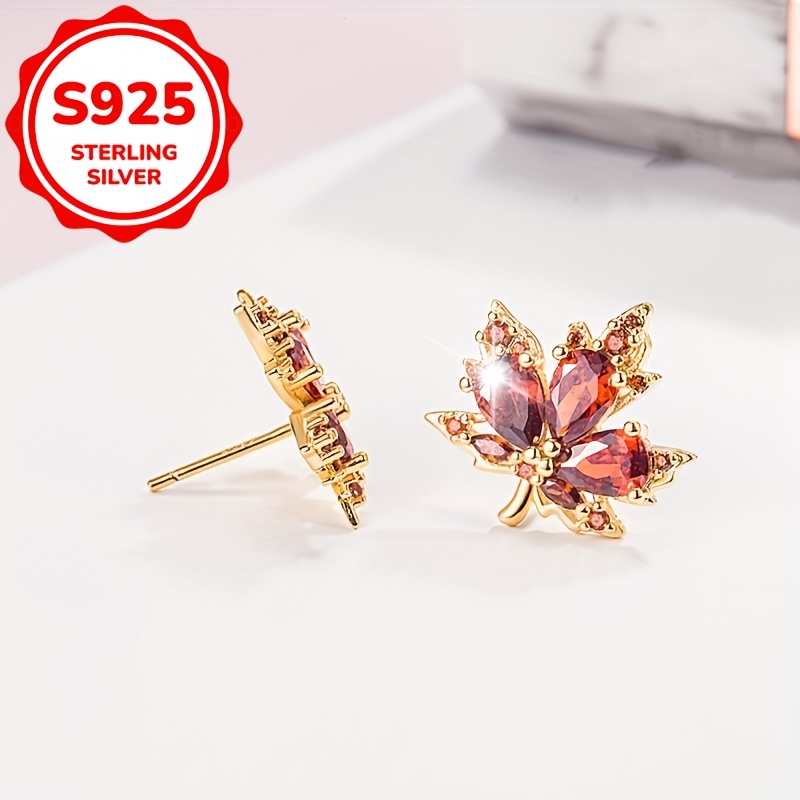Women's S925 Sterling Silver Caramel Maple Leaf Stud Earrings, Elegant Design