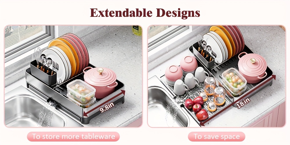 a versatile dish drying rack made of 304 stainless steel featuring a cup holder and cutlery holder Product details 1