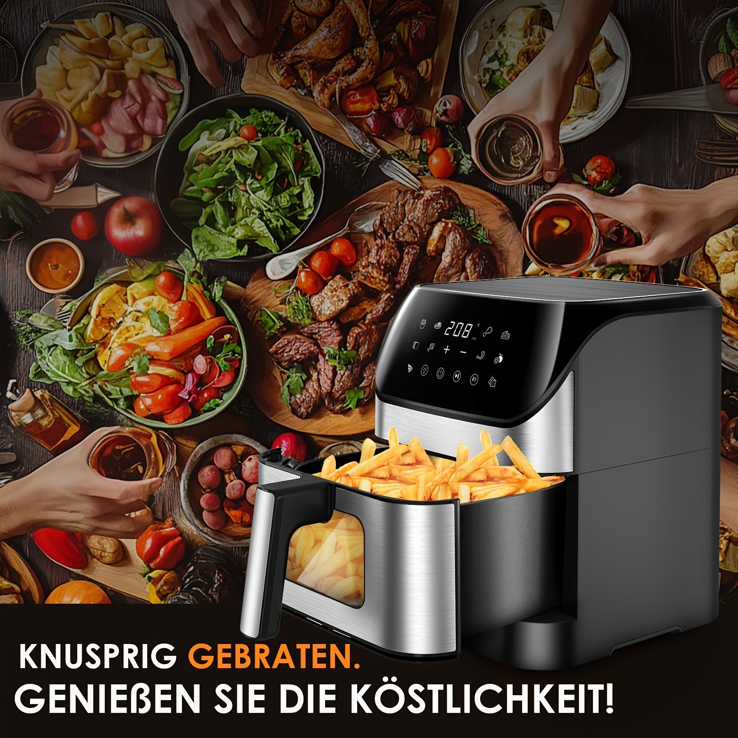 Image of 10l Air Fryer With Easy View Windows, Compact Airfryer For Quick, In Minutes, Touchscreen Controls With 10 , , Chicken, Meat, Fish, Nonstick & Dishwasher , Automatic Shutoff, Stainless Steel