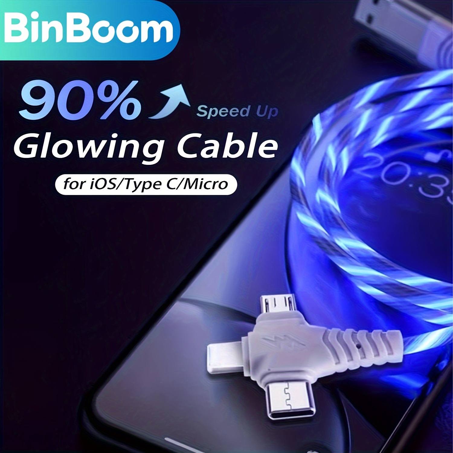 

3a Fast Charging Led Flowing Flat Cable 3 In 1 Multiple Usb To Male To Male Data Transfer Cord, 10-20w Power Output, Durable Abs Material, Compatible With Most Cell Phones