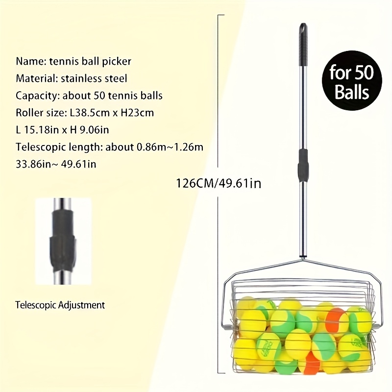 TEMU 1pc Stainless Steel Roller Tennis Ball Pickup Tool, Lightweight Tennis Ball Retriever