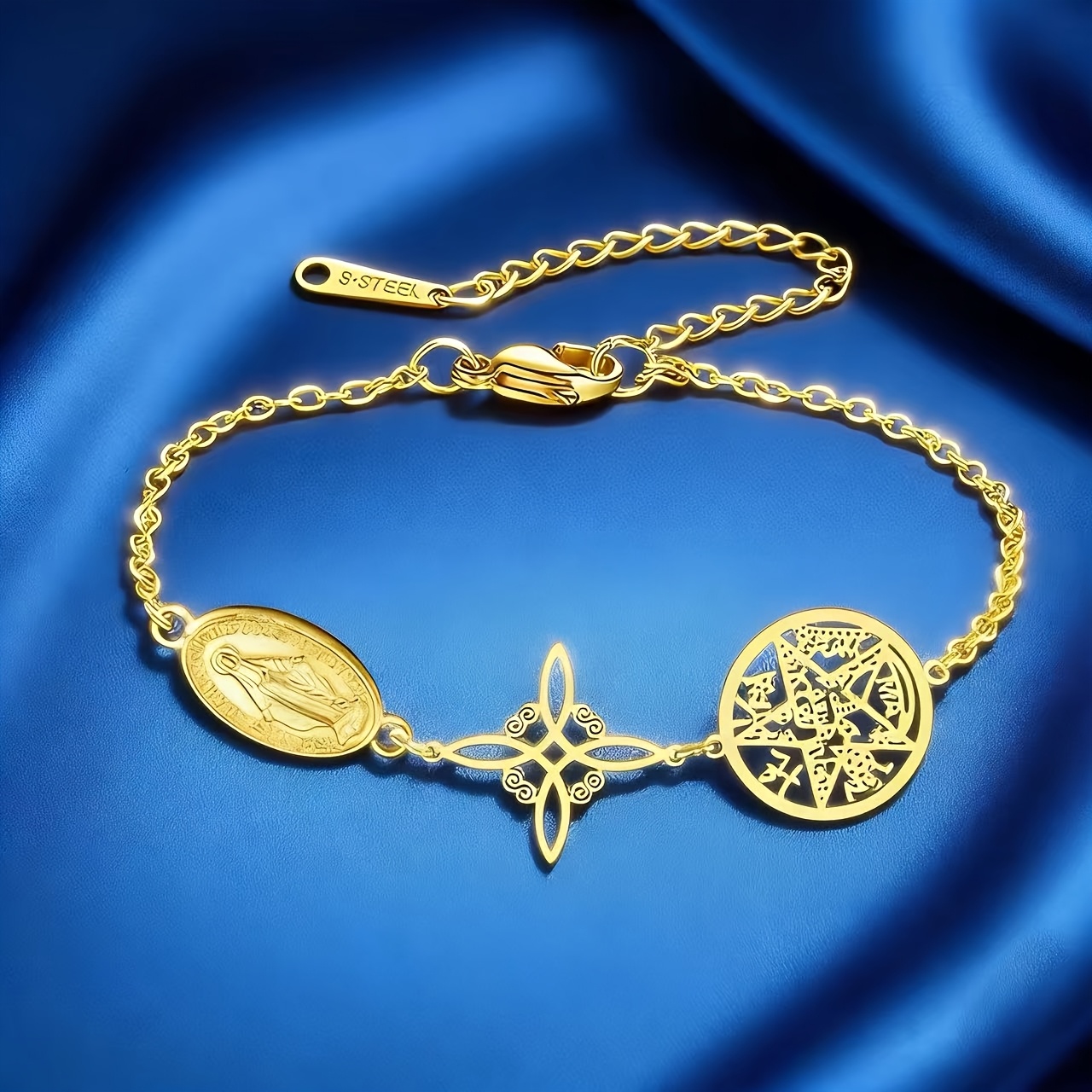 TEMU Bracelet de protection triple en acier inoxydable 316 pour femmes - Nœud de sorcière, et amulette hexagonale, bijoux à extrémités plaqués or ,