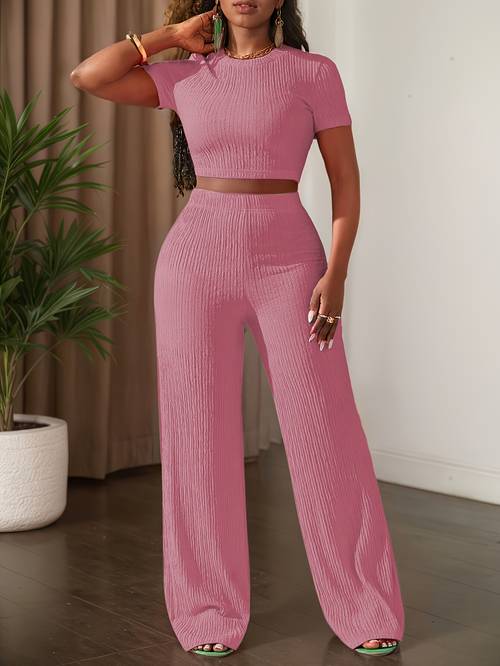 2025 neues einfarbiges kurzarm-top und hose mit weitem bein, lässiges set