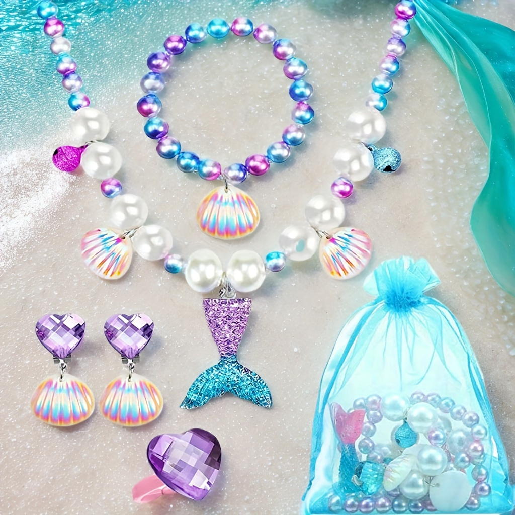 Mermaid Jewelry Set For Girls 4-8  Pearl Necklace, Bracelet, Ring &  Earrings, Perfect For Dress-