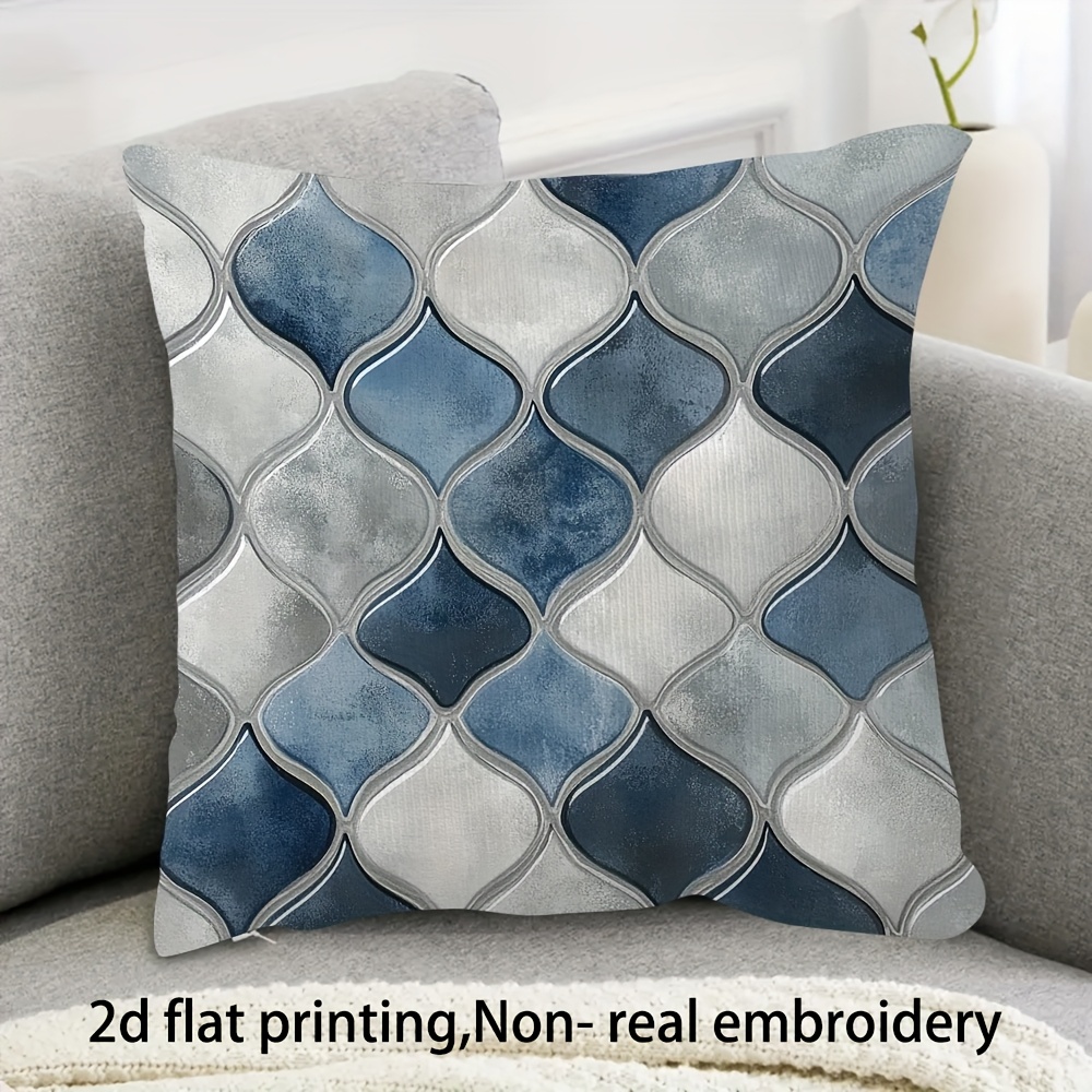 TEMU 1pc Elegant Pillowcase - Double-sided Printed Zipper Closure, Seamless Blue-gray Tile Pattern - Decor Cushion Cover, Suitable For Living Room,