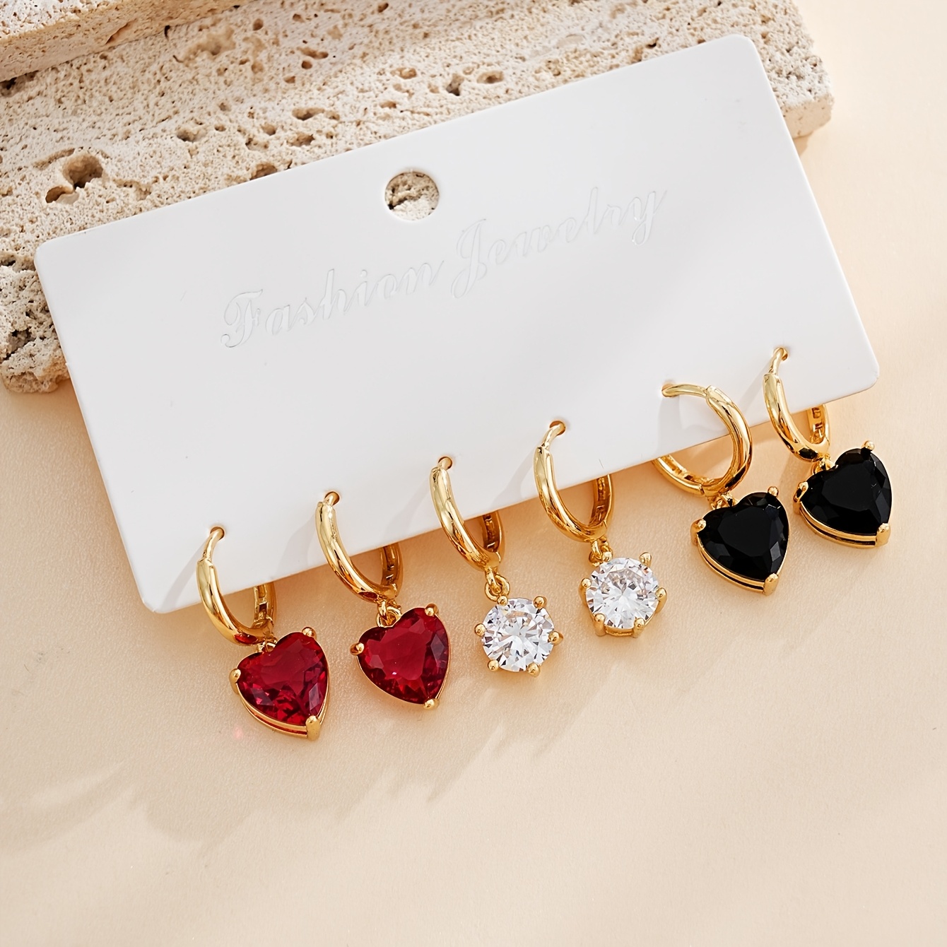 TEMU 3 Pairs Huggie Hoop Earrings Suitable For Women, Multi-piercing Stackable Hoops With Heart Charm & Round Solitaire Dangle Drops,
