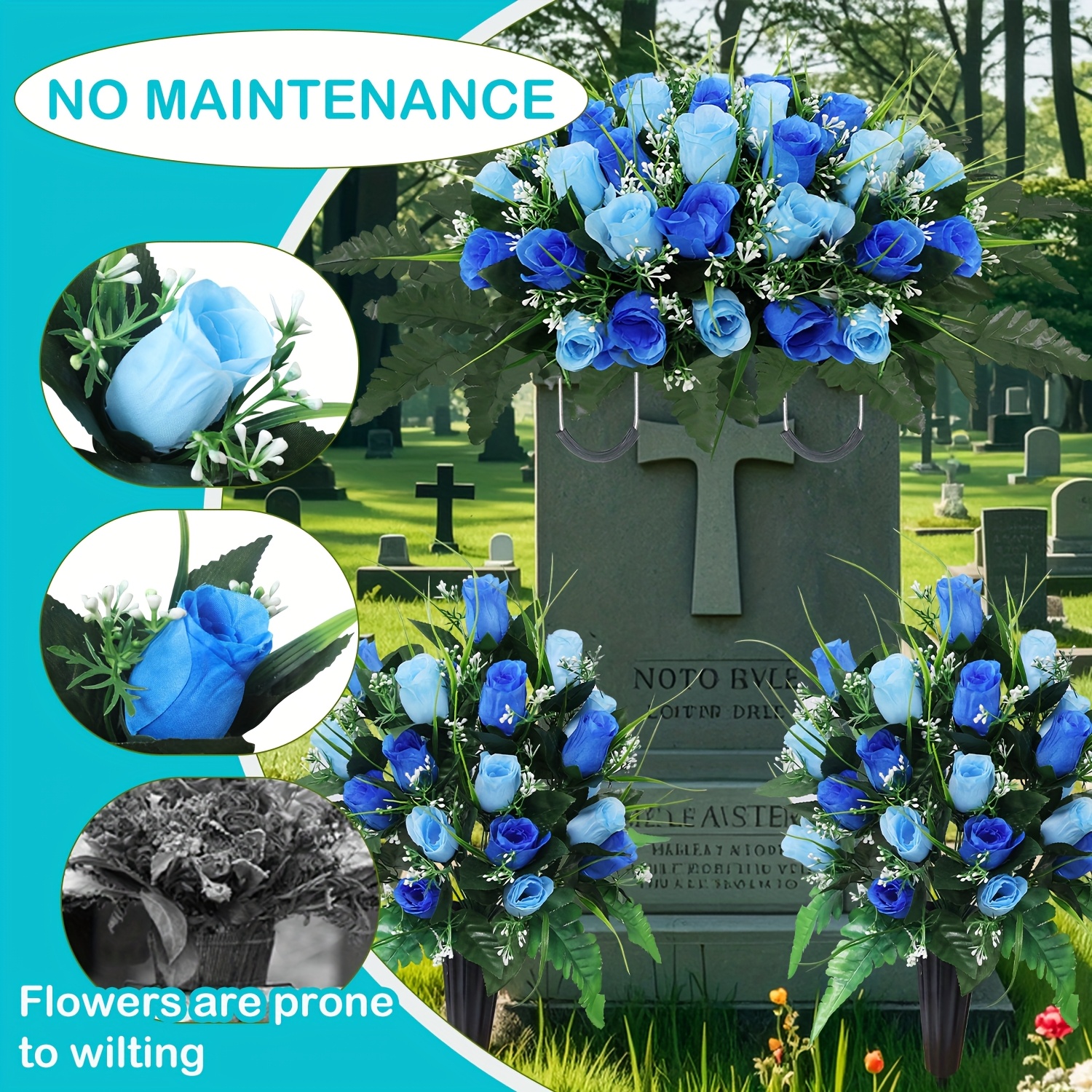 Artificial Cemetery Flower Memorial Rose Lily Vase Sympathy Funeral Graveyard Décor Mom Wife Son 1 Set