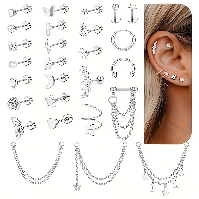 

27 Pcs Hypoallergenic Set Surgical Steel For Women Men Daith Tragus Piercing