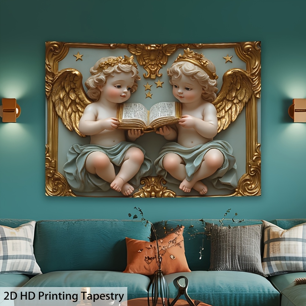 Elegant Angel Statue Tapestry With Serene Cherubic Reading Figures_voghion.com