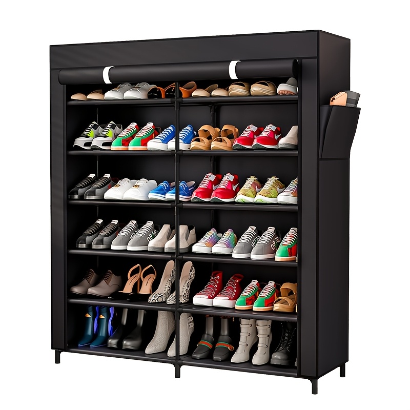 Image of Shoe Rack 7-tier Storage Organizer 42 Pairs Portable Double Row With Dustproof Cover Non-woven Shoe Storage Cabinet
