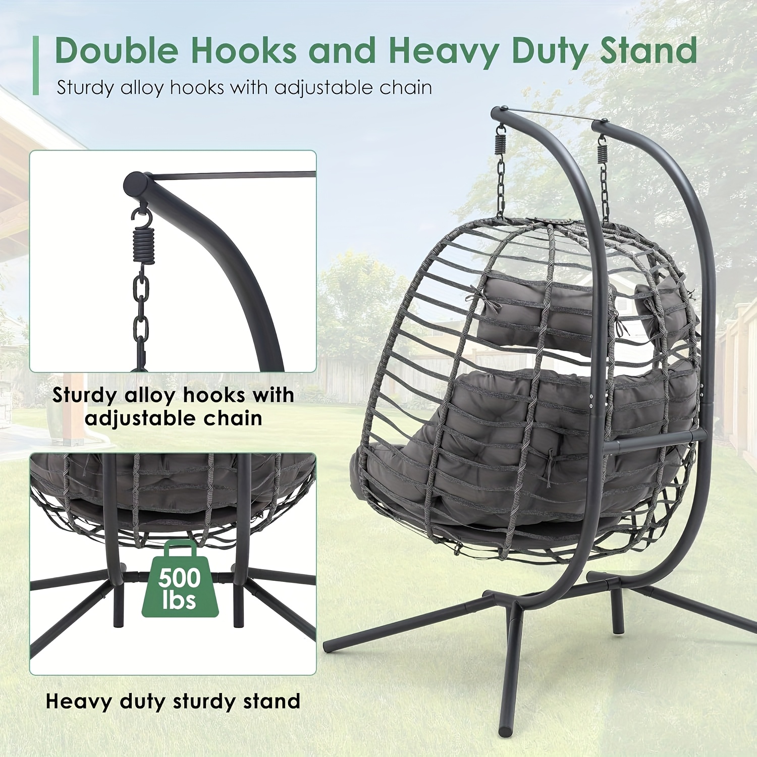 double egg swing chair with stand for outdoor, patio hand made rattan wicker 2 double hanging egg chairs hammock chair with uv resistant cushion and metal frame, porch swing loveseat for backyard details 6
