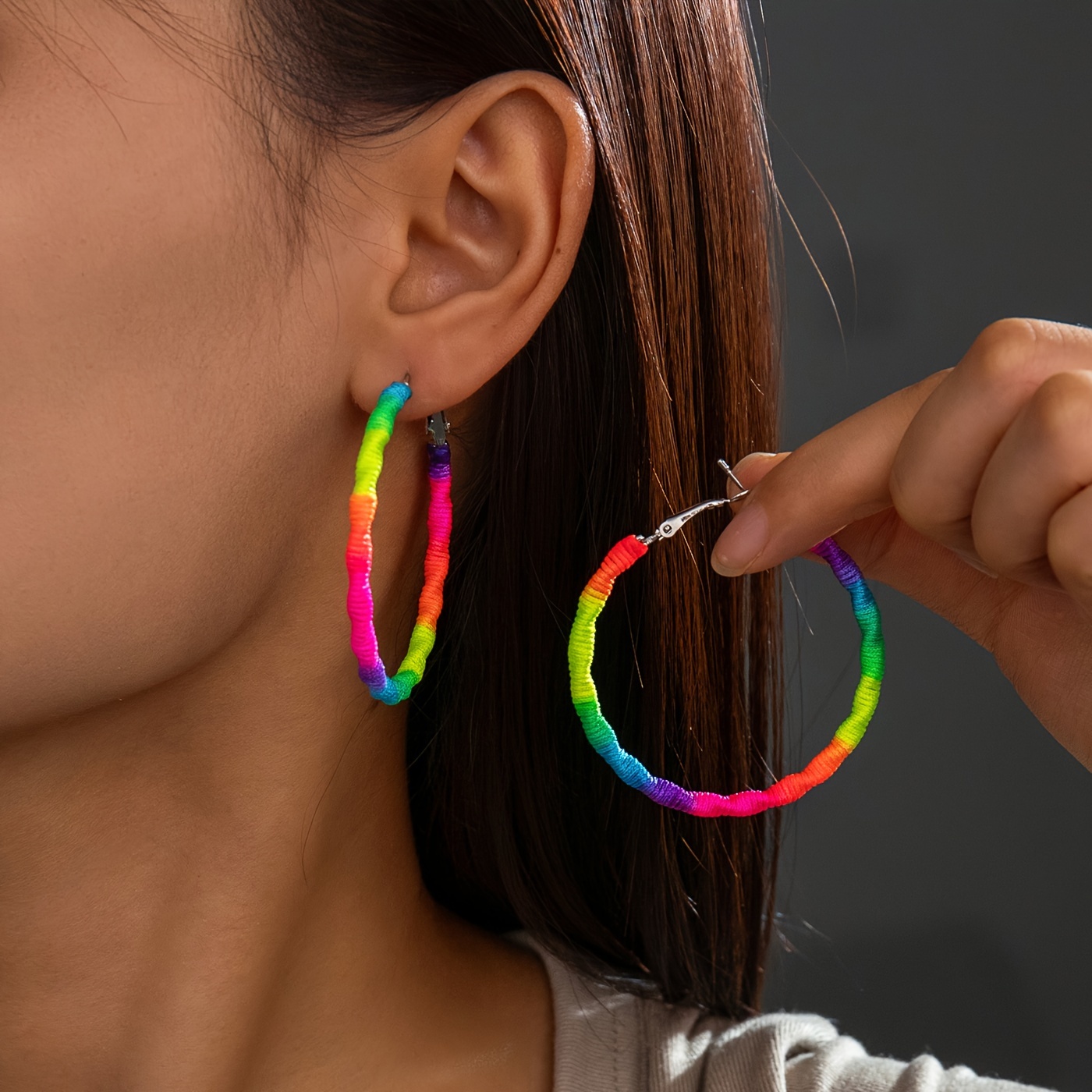 Image of [adventure] Colorful Bohemian Braided Heart-shaped Hoop Earrings For Women - Vibrant Multicolor, Wear, Ideal For Daily &, Quirky Earrings