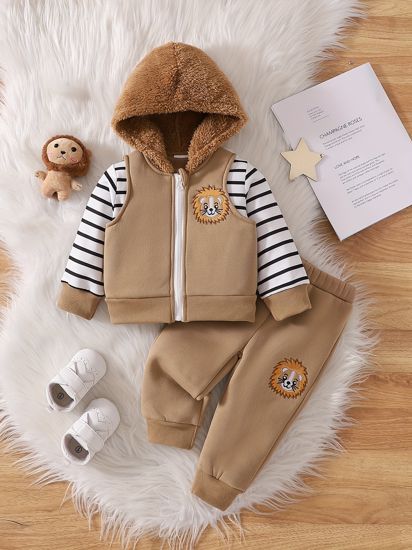 3pcs baby boys cartoon lion embroidery sportswear set cute hooded jacket and sweatpants outfit with long sleeve pullover polyester and spandex knit for autumn winter for outdoor Product details 0