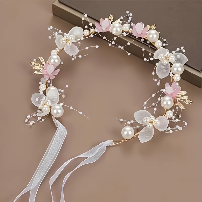 BeauFairy Couronne De Fleurs Mariage, Floral Guirlande Bandeau Bohême Réglable Serre Tête, Rose Blanche Guirlande Florale Femme, Accessoires Cheveux Avec Ruban Pour Cérémonie Festival