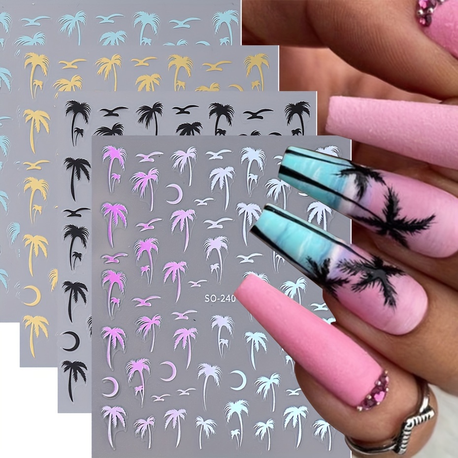 

Set Of 4 Nail Stickers With Seaside Coconut Trees Design In Black, Golden, Blue, And Holographic Silvery