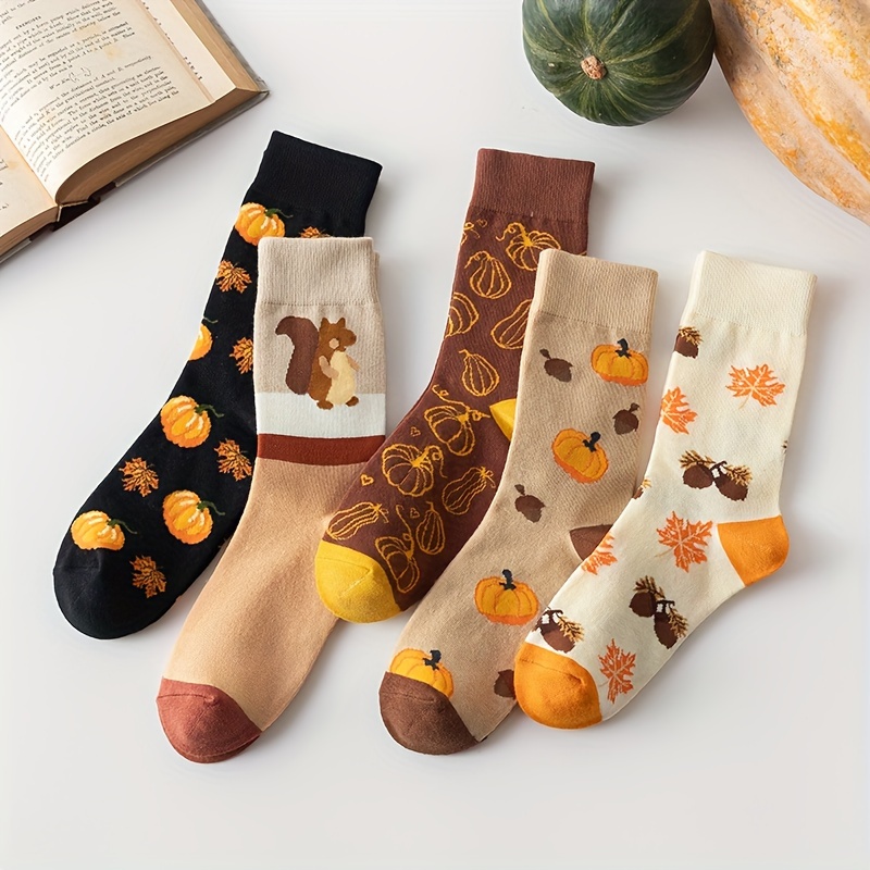 

Autumn-inspired 5 Pairs Of Knee-length Socks With Cartoon Squirrels And Pumpkins Design, Comfortable Fit Polyester Blend With Stretch, Machine Washable For Women - Fall Patterns